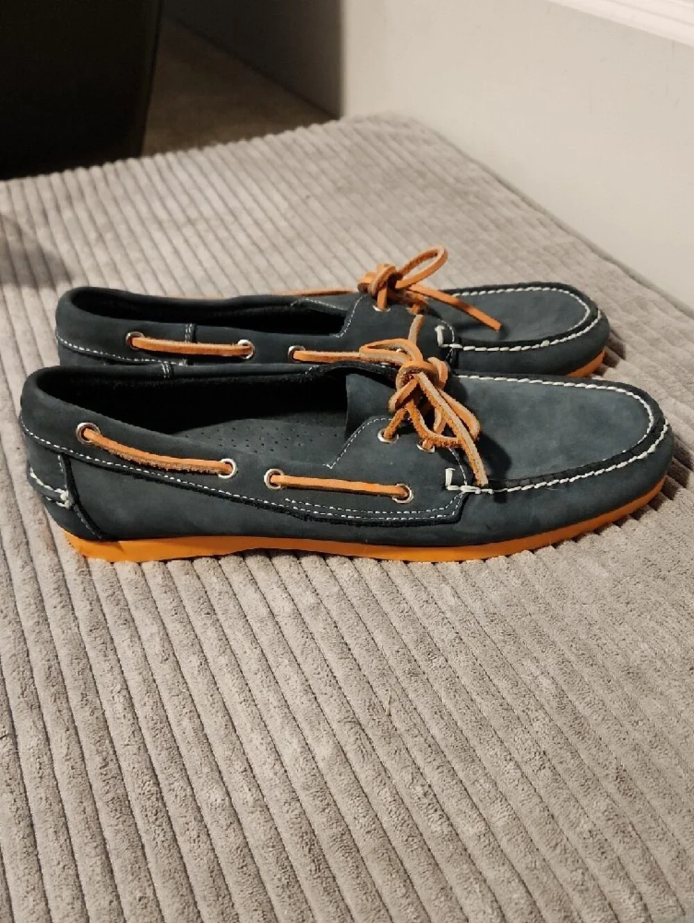 Men's Navy and Orange Boat Shoes - Classic Leather Deck Loafers